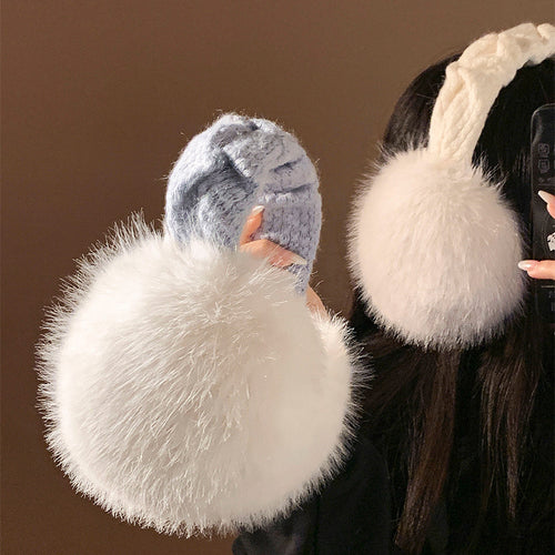 Plüsch-Faux-Fur-Rund-Ohrmuffen mit gestepptem Kabelstrick-Stirnband Karnz
