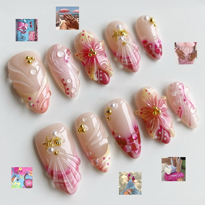 Kreatives Kunstnagelset mit romantischen Blütenmuster und funkelnden Akzenten Karnz