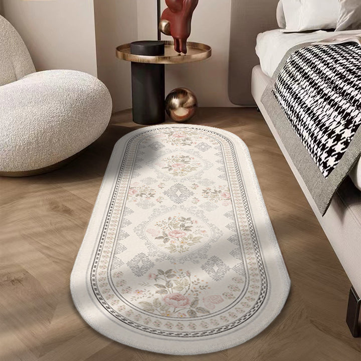 Oval Low-Pile Kitchen Runner Rug with Vintage Distressed Floral Jacquard and Non-Slip Backing