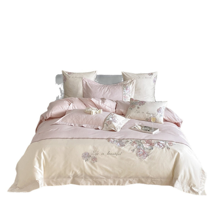 Florales besticktes Sateen-Bettbezug-Set mit Aquarell-Rosenrand