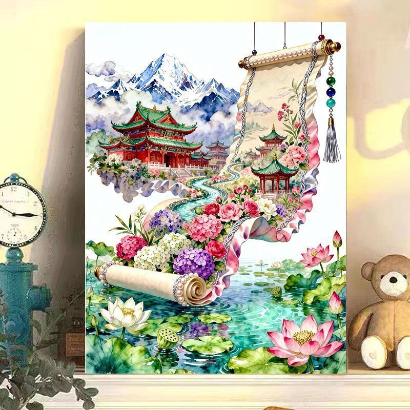 Elegante chinesische Landschaftsrollenkunstdruck Karnz