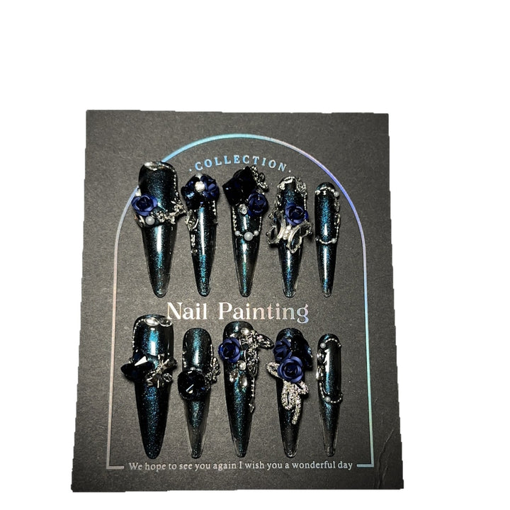 Glamorous Stiletto Press-On Nagel Set mit floralen Verzierungen