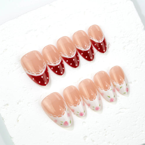 Künstlerische Press-On Nagelset mit Vintage-Blumen- und Punktedesign Karnz