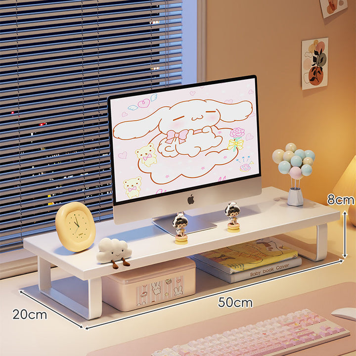 Kompakte Holz-Desktop-Monitorerhöhung mit Metallbeinen und unterer Ablagefläche