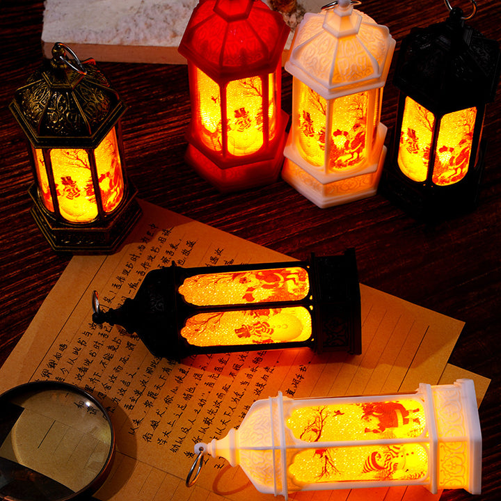 Vintage marokkanischer LED-Schneelaterne im Stil mit rotierender Weihnachts-Szene