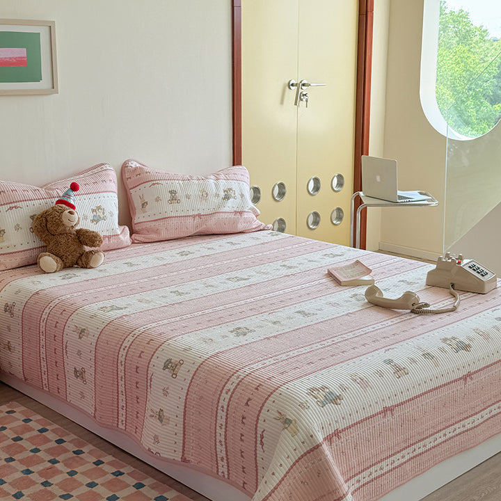 Gepolstertes Baumwollbettüberwurf-Set mit Teddy-Bär-Streifenmuster und umkehrbarem Design