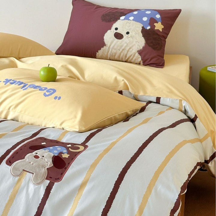 Gestreiftes Baumwollsatin Bettbezug-Set mit gesticktem Teddy-Applikation