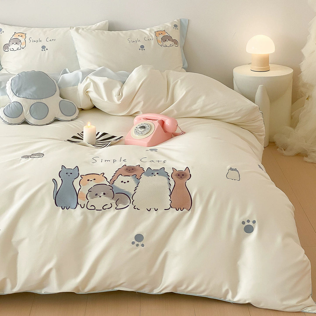 Baumwollsatin Bettbezug Set mit süßem Cartoon-Katzen Druck und passenden Kissenbezügen