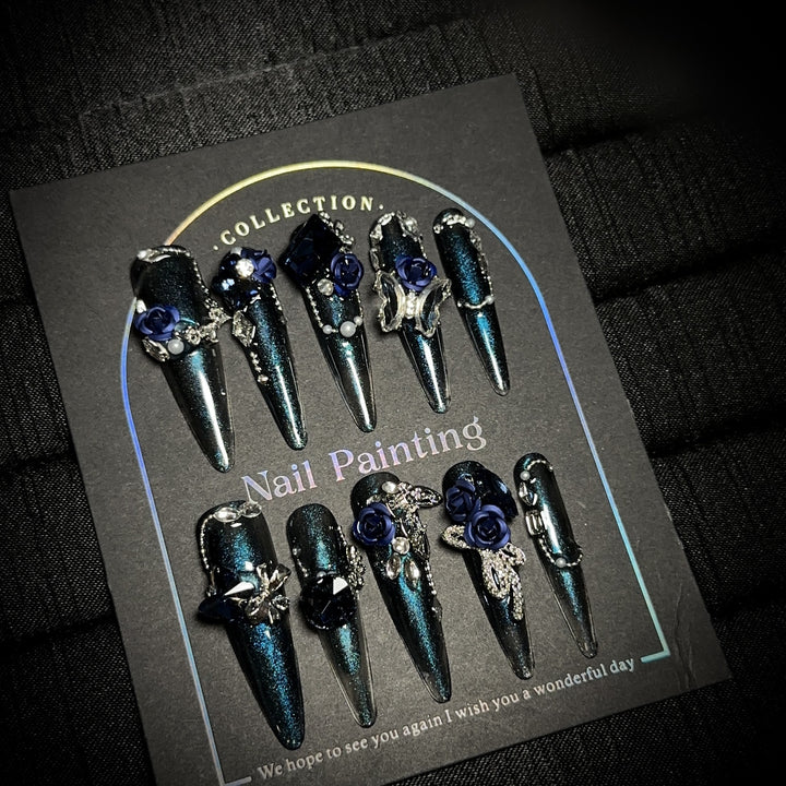 Glamorous Stiletto Press-On Nagel Set mit floralen Verzierungen