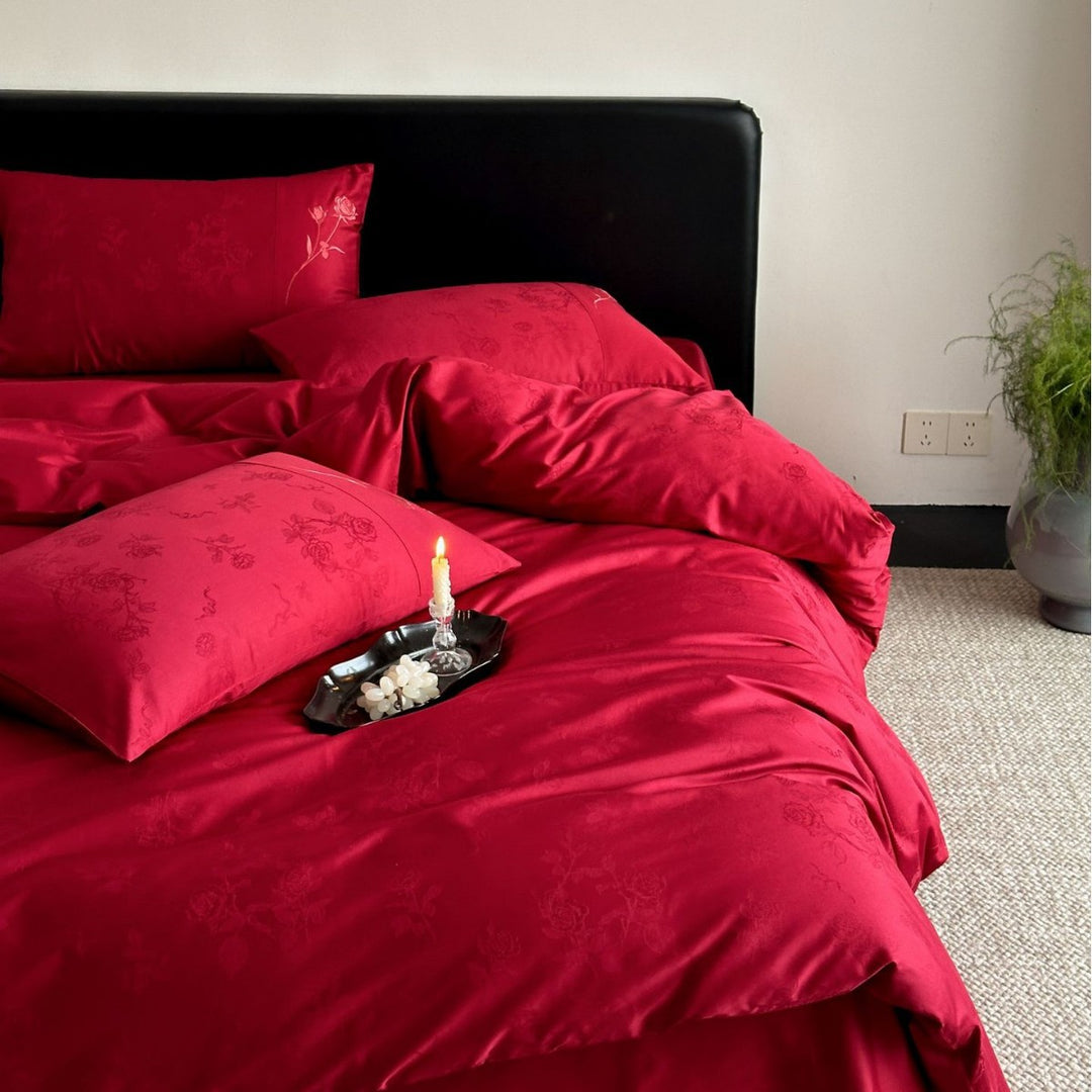 Luxuriöses Baumwollsatin-Bettwäsche-Set mit floraler Jacquardstruktur und feiner Zierstickerei