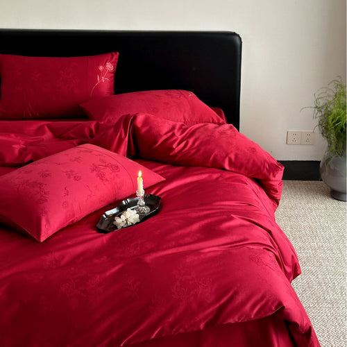 Luxuriöses Baumwollsatin-Bettwäsche-Set mit floraler Jacquardstruktur und feiner Zierstickerei