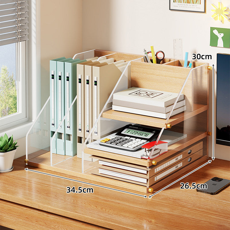 Modularer Holzschreibtisch-Organizer mit Acryl-Dateisortierer und Stiftfächern