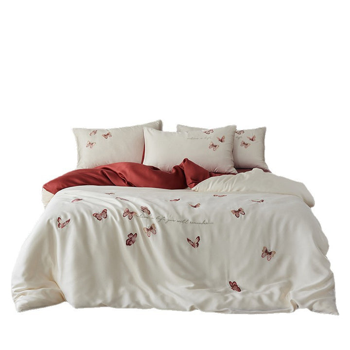 Luxuriöses Baumwollsatin-Bettbezug-Set mit bestickten Schmetterlingsmotiven und wendbarem Design