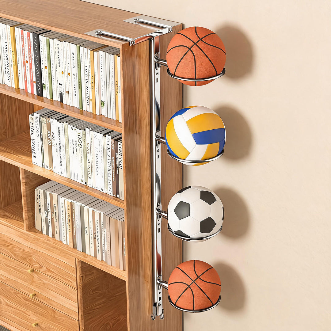 Multi-Ball Vertikaler Über-Regal Sportball Organizer mit kreisförmigen Halterungen und Hakenaufbewahrung