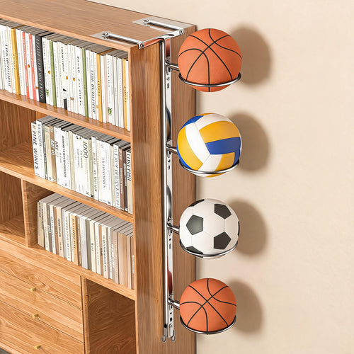 Multi-Ball Vertikaler Über-Regal Sportball Organizer mit kreisförmigen Halterungen und Hakenaufbewahrung