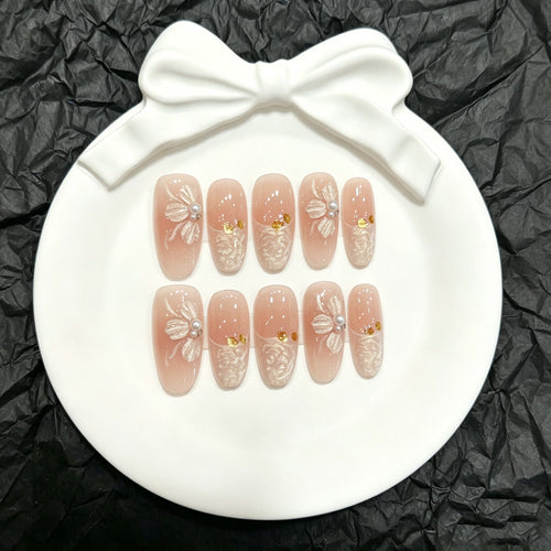 Floral Design Press-On Nail Art Set mit dekorativen Perlen und Edelsteinen