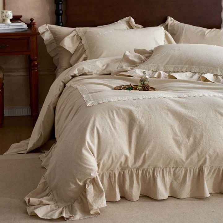 Rüschensatin-Linen-Baumwoll-Bettwäsche-Set mit gewelltem Spitzenpanel und Bettvorhang