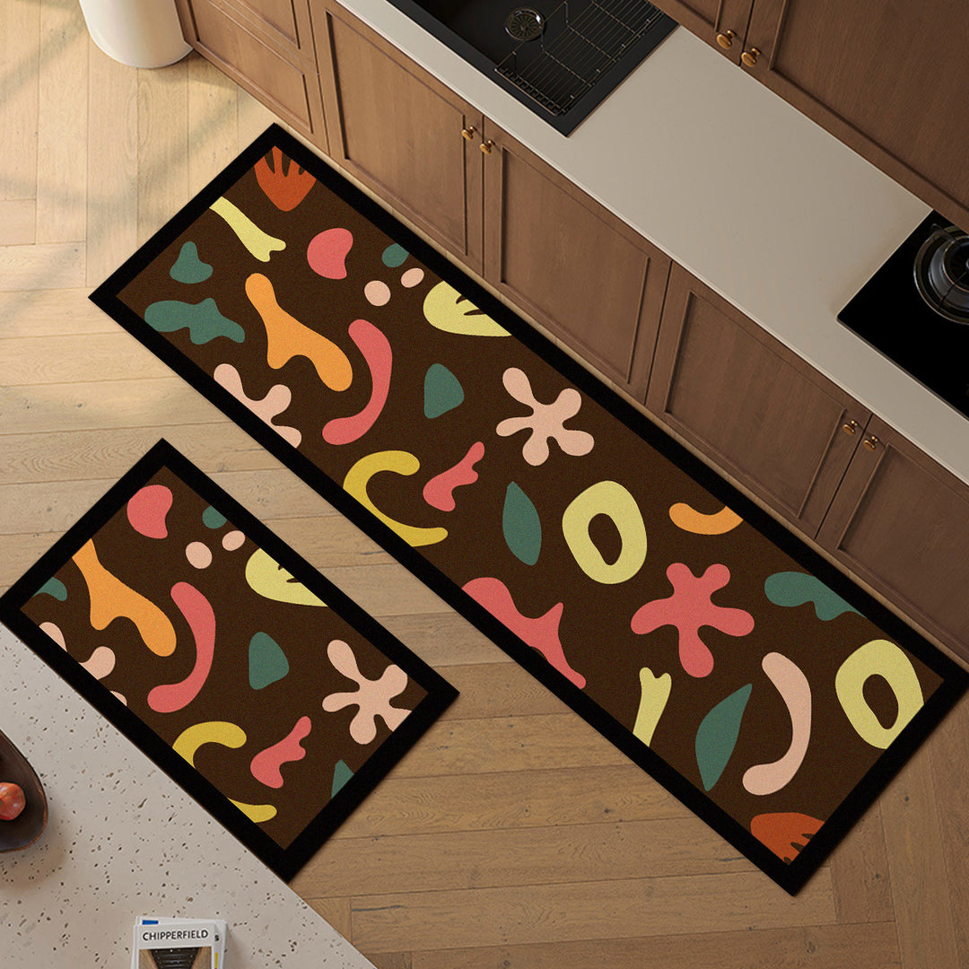 Non-Slip Absorbent Kitchen Runner and Matching Small Entrance Mat Set with Tropical Leaf Abstract Print