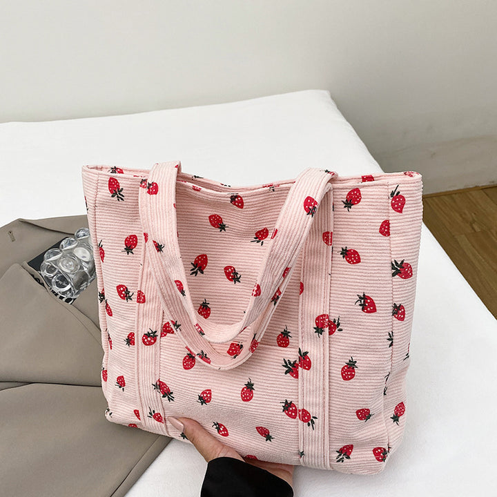 Verspielte Erdbeer-Print Corduroy Tragetasche Karnz