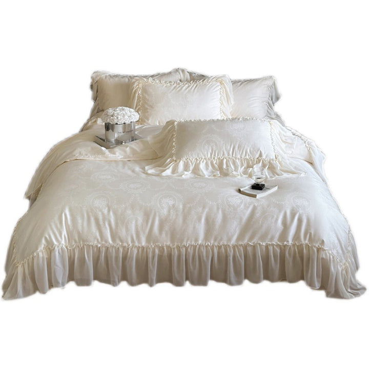 Bettwäsche‑Garnitur im Vintage‑Rüschenstil aus Baumwollsatin mit Jacquard‑Medallion und Volant