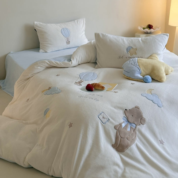 Kinder-Bettwäsche-Set aus Baumwolle mit applizierten Heißluftballon- und Teddybär-Motiven Karnz