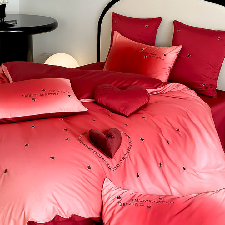 Baumwoll-Perkal Bettbezug-Set mit 3D-Herz-Applikation, Ombre-Design und dekorativem Herzkissen