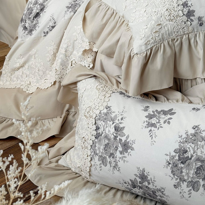 Vintage Floral Spitzenbesatz Rüschende Bettbezug Set
