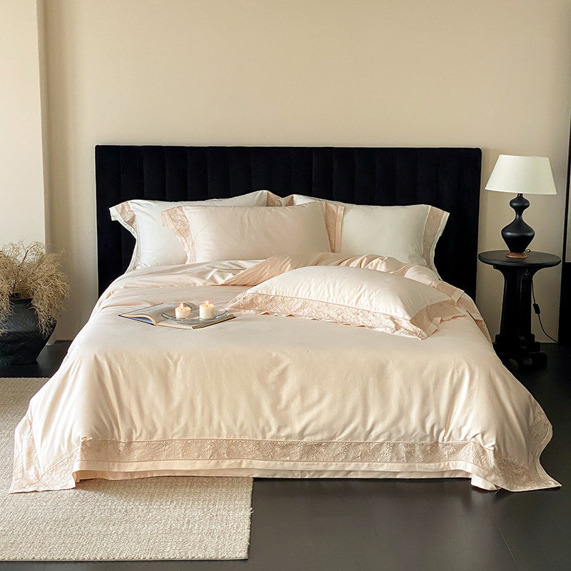 Luxus Baumwoll-Satin Bettbezug Set mit Spitzenbesatz Säumer & Dekokissenbezüge