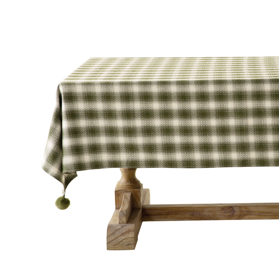 Rechteckige karierte Tischdecke aus Baumwollmix mit Pompon-Ecken