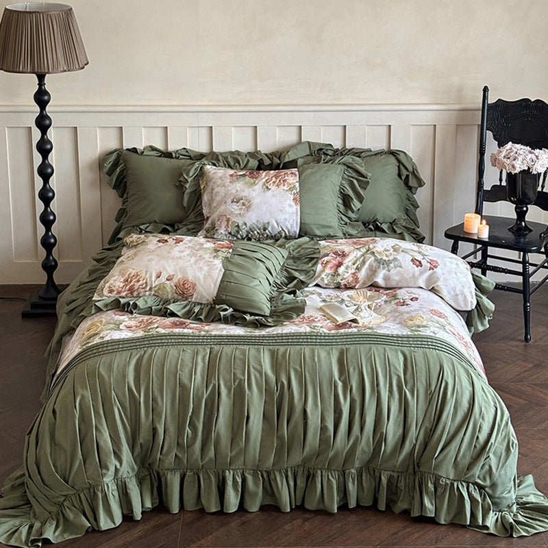Luxuriöses Bettwäsche-Set aus Baumwollsatin mit Rüschen und Vintage-Rosenmuster
