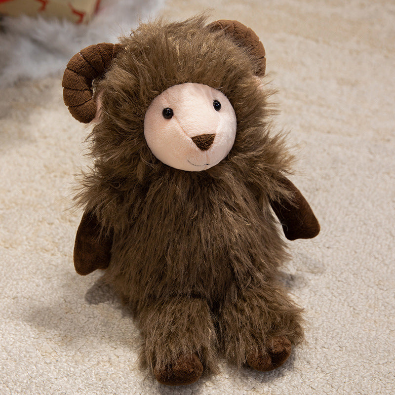 Plüschiger, flauschiger, ram-inspirierter Teddy mit langem Kunstfellmantel und besticktem Gesicht Karnz
