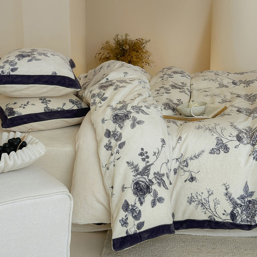 Toile Floral Bettbezug Set mit Samt Paspel Kissenbezügen