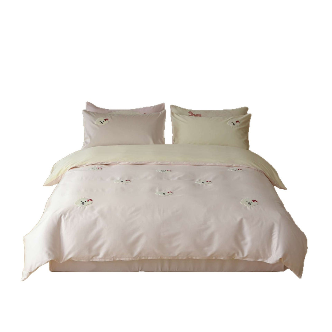 Bestickte Plüschpuppy Baumwollsatin Bettbezug Set
