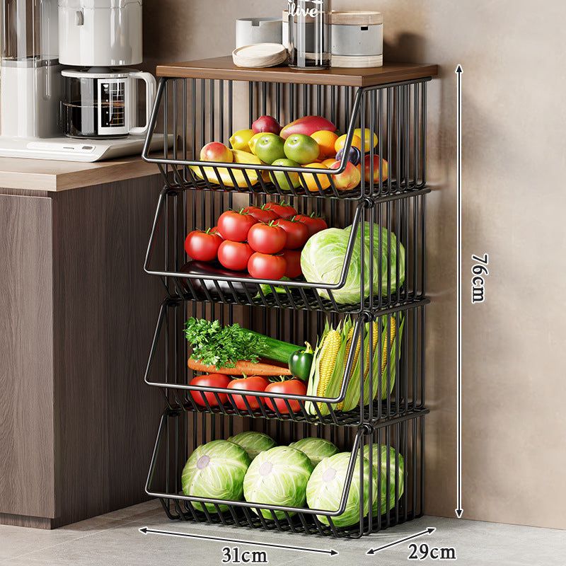Multi-Ebenen Rollen Kücheneinkaufswagen für Obst und Gemüse mit Holzoberfläche
