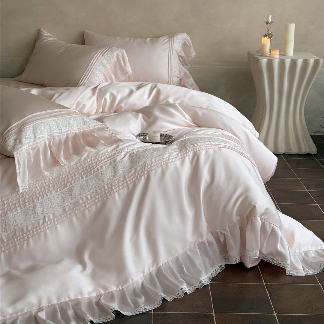 Luxuriöses Satin Rüschenteil mit Spitzenbesatz Bettbezug Set