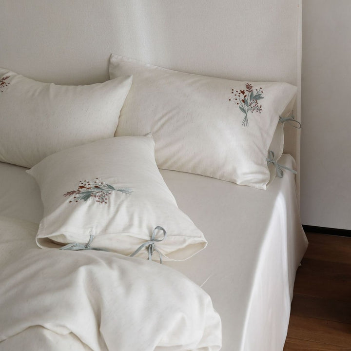 Washed Linen-Cotton Botanical Embroidered Duvet Cover Set with Tied Corner Shams