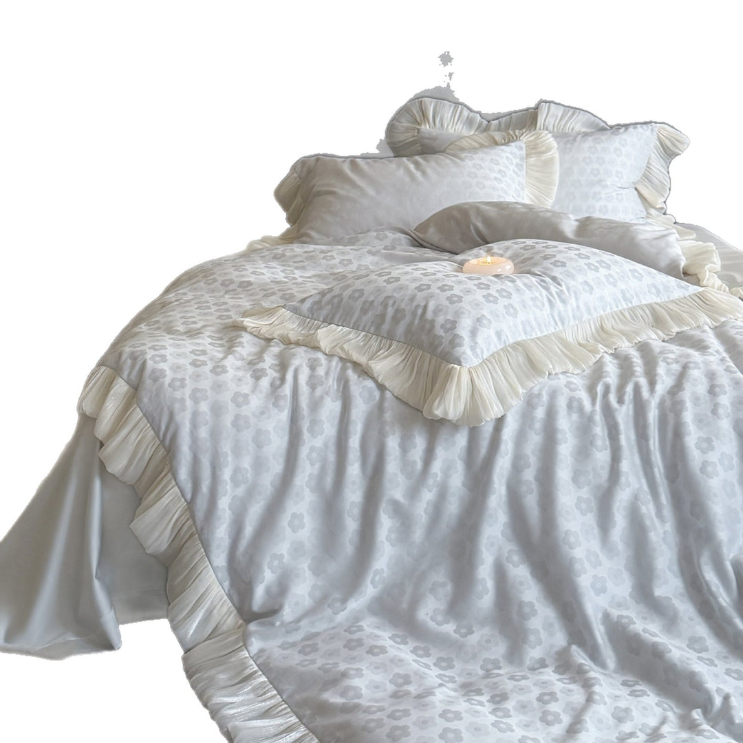 Romantisches Rüschen-Jacquard-Bettbezug-Set mit Rüschensaum und dekorativen Kissenbezügen