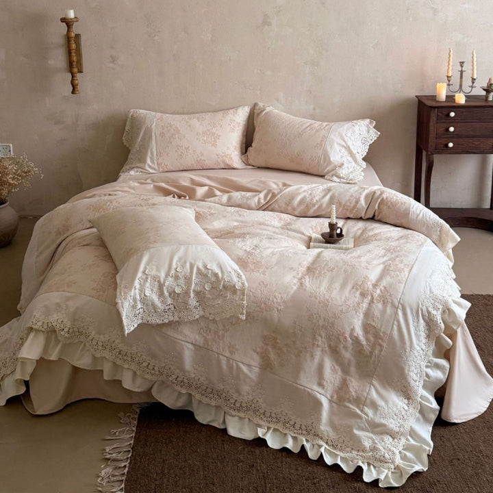 Rüschenspitze Jacquard Floral Baumwollsatin Bettbezug Set mit Bett-Rock