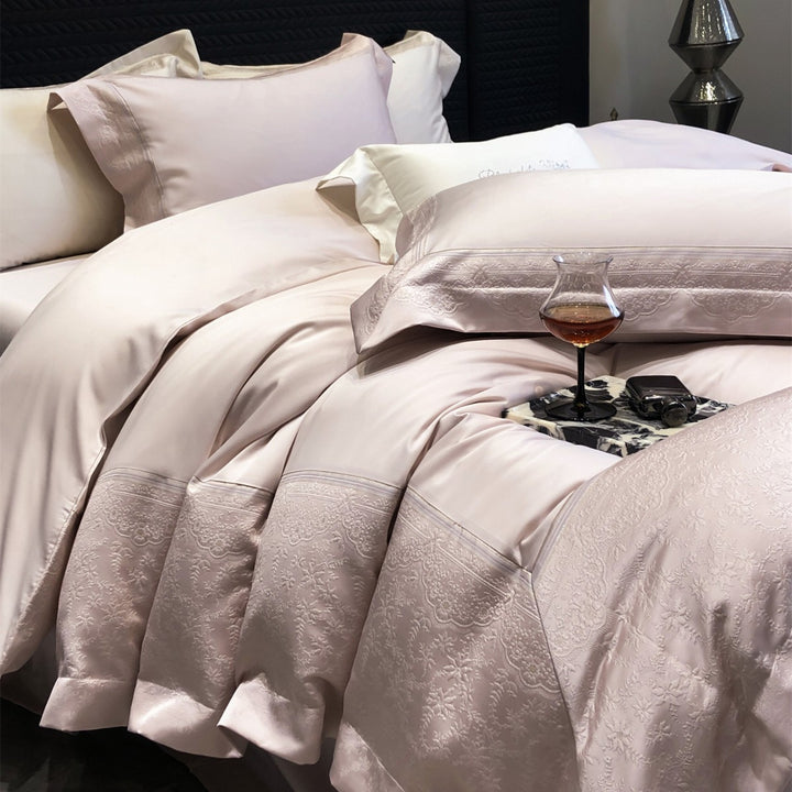 Jacquard floralgeprägte Baumwollsatin Bettwäsche Set mit geschwungenem besticktem Rand