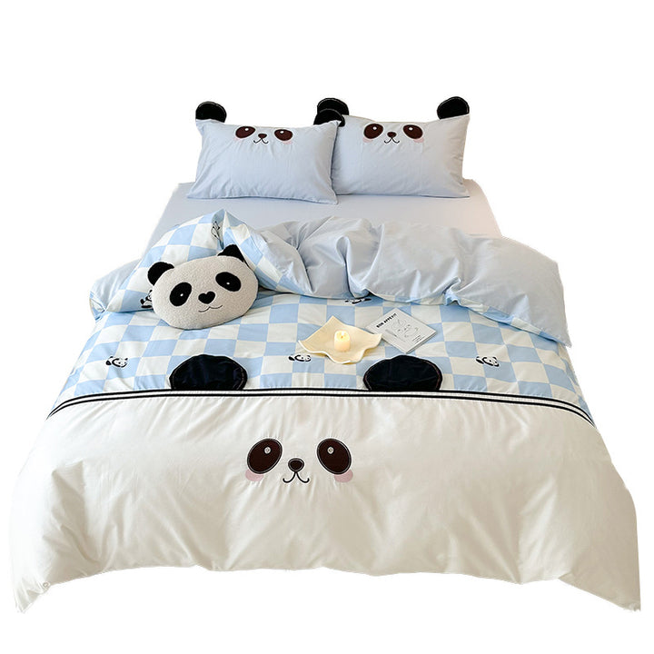 Kinder-Bettwäschegarnitur mit Karo-Muster, gesticktem Panda‑Gesicht und dreidimensionalen Ohrapplikationen