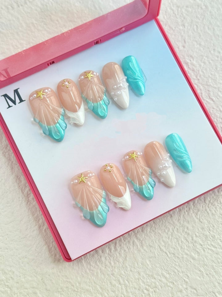 Dekoratives 3D Press-On Nagelkunst Set mit Ozean-Themen Designs