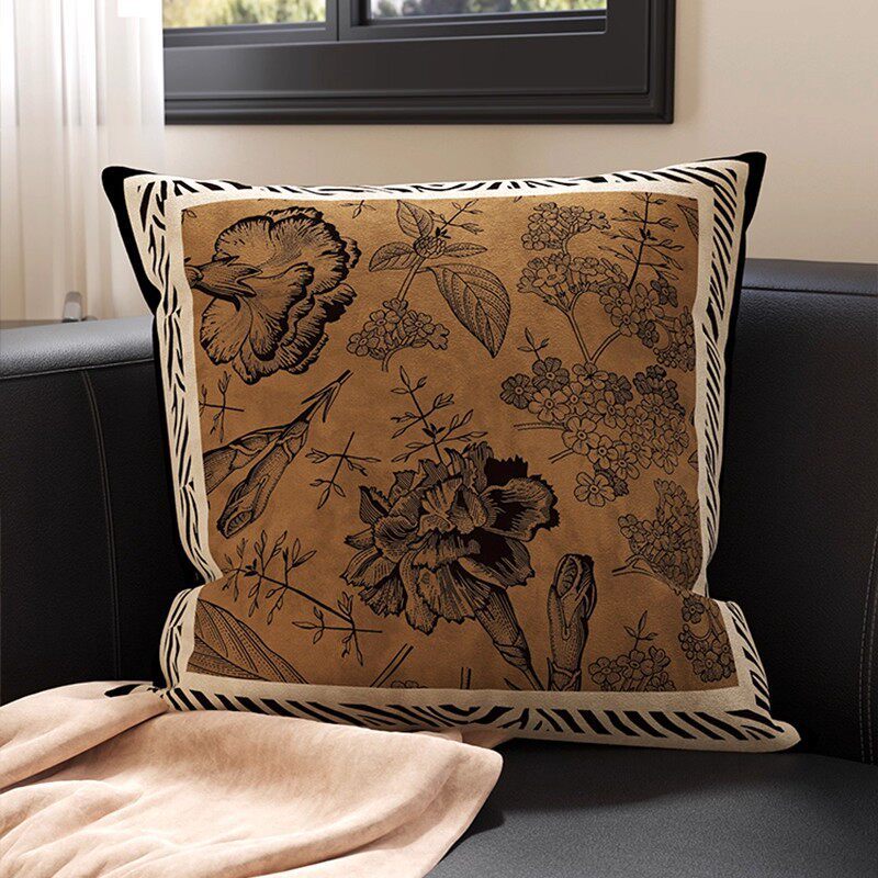 Botanical Sketch Velvet Square Throw Pillow Cover with Zebra-Trim Hidden Zipper