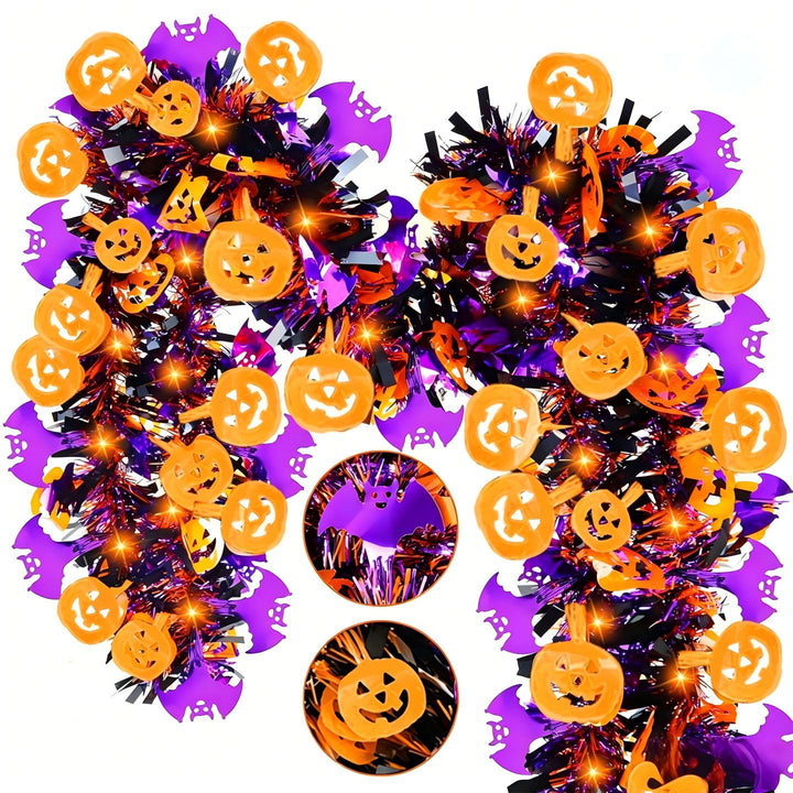 Glänzende Halloween-Girlande aus Kunststoff mit Kürbis-Konfetti und dichten Fransen
