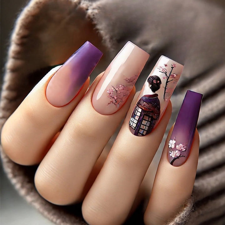 Elegantes Kunstnägel Set mit Ombre-Design und künstlerischen Akzenten Karnz