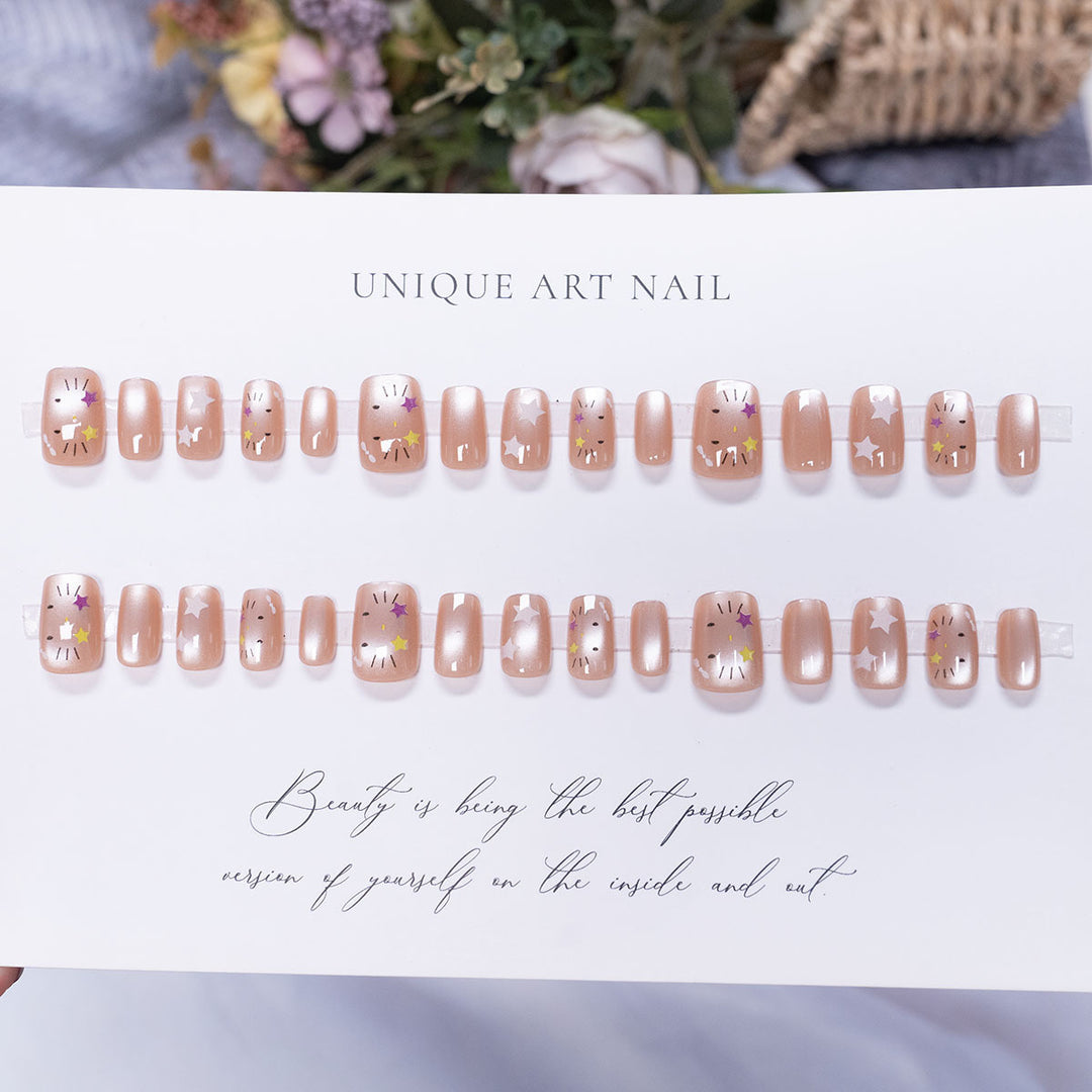 Press-On Nail Set mit Künstlerischem Stern- und Blumenmuster