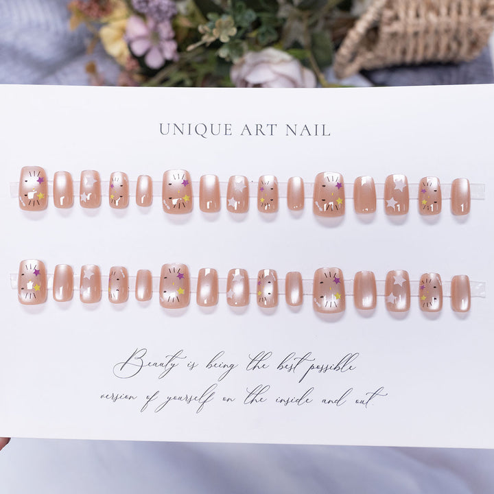 Press-On Nail Set mit Künstlerischem Stern- und Blumenmuster