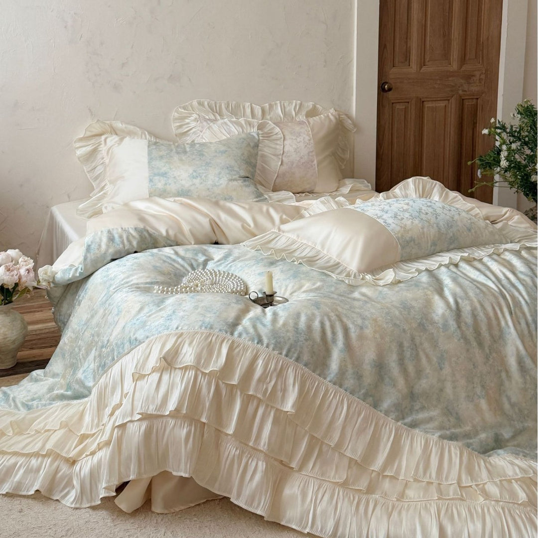 Rüschensatinbesatz Blumencotton-Satin Bettbezug-Set