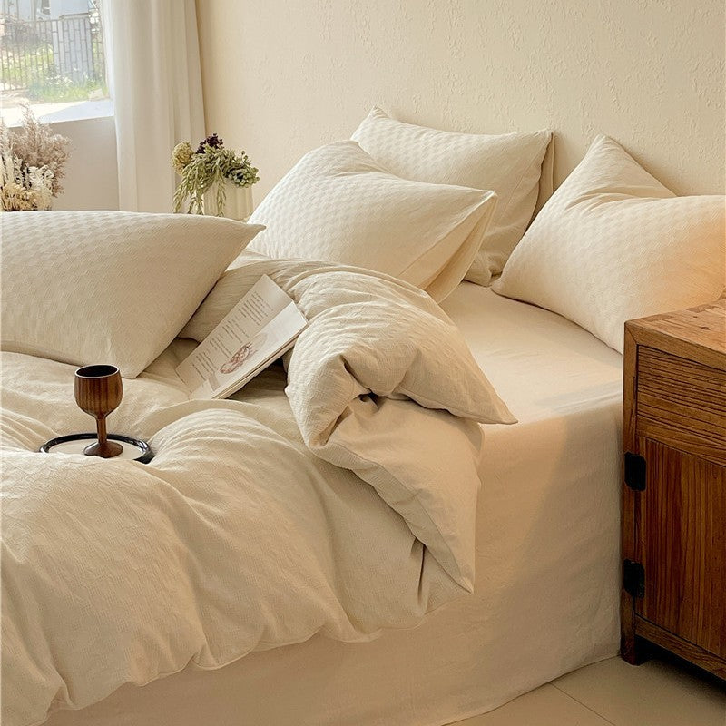 Luxuriöses Jacquard Karo Satin Bettwäsche Set mit Kissenbezügen und tiefem Spannbettlaken