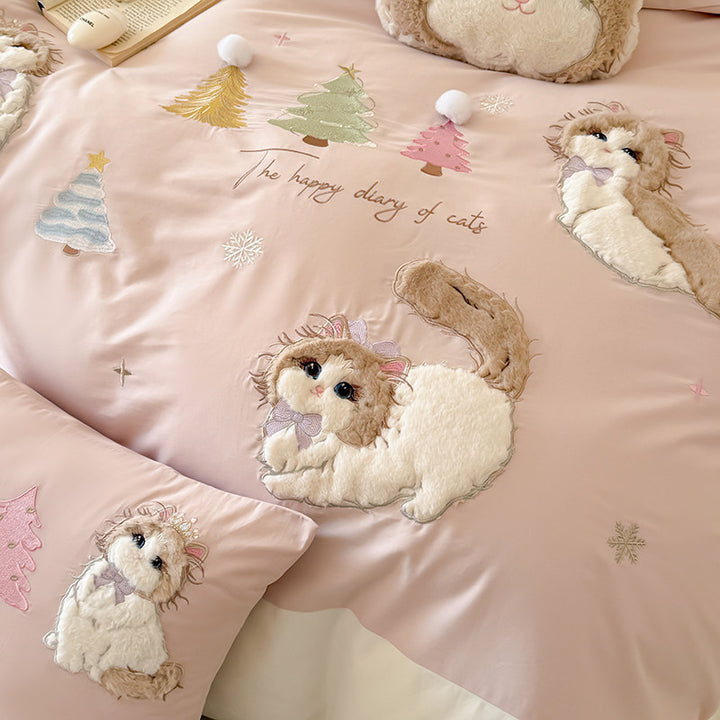 Plüsch-Applikation Katze Bettbezug Set mit dekorativen Kissenbezügen und plüschigem Wurfkissen