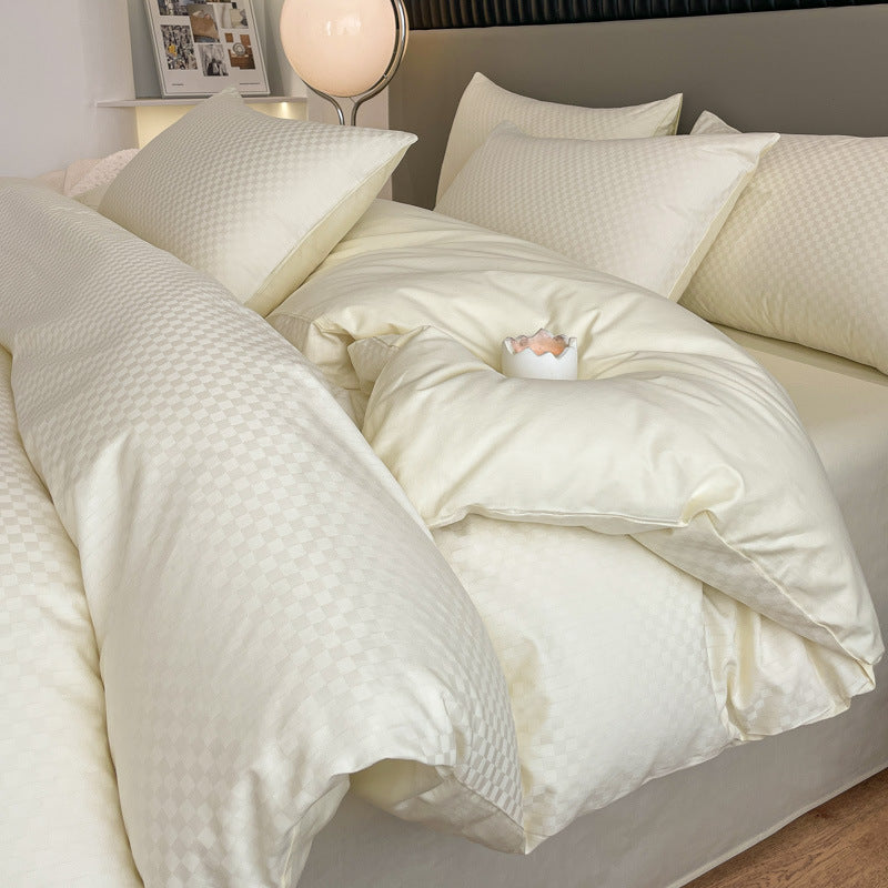 Luxuriöses Jacquard Karo Satin Bettwäsche Set mit Kissenbezügen und tiefem Spannbettlaken